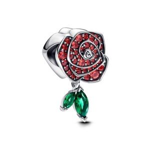 Pandora Silver Rose Charm with Red and Green Accents